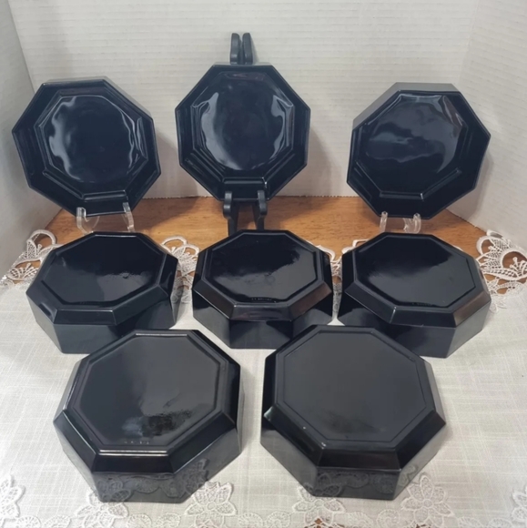 Vintage ARCOROC Black Octagon Bowls Set of 8 with Bonus Set of 2 Candle Holders - Picture 3 of 9